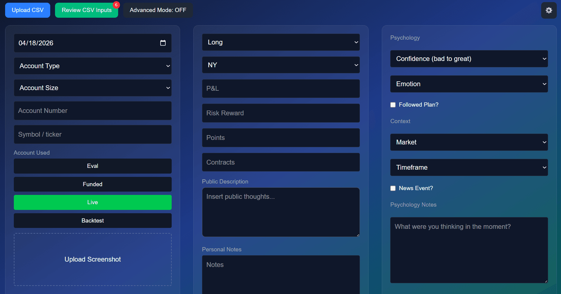 Trade entry and import options in TradeTrax